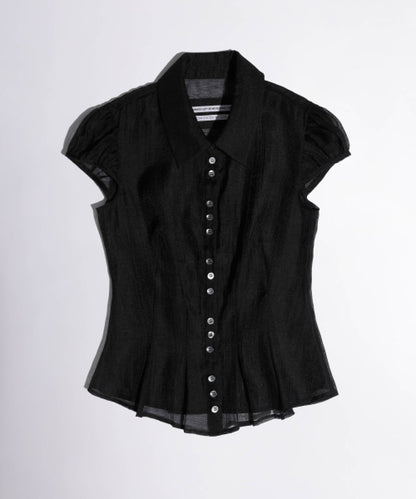 Sheer Pleated Hem Blouse - Black
